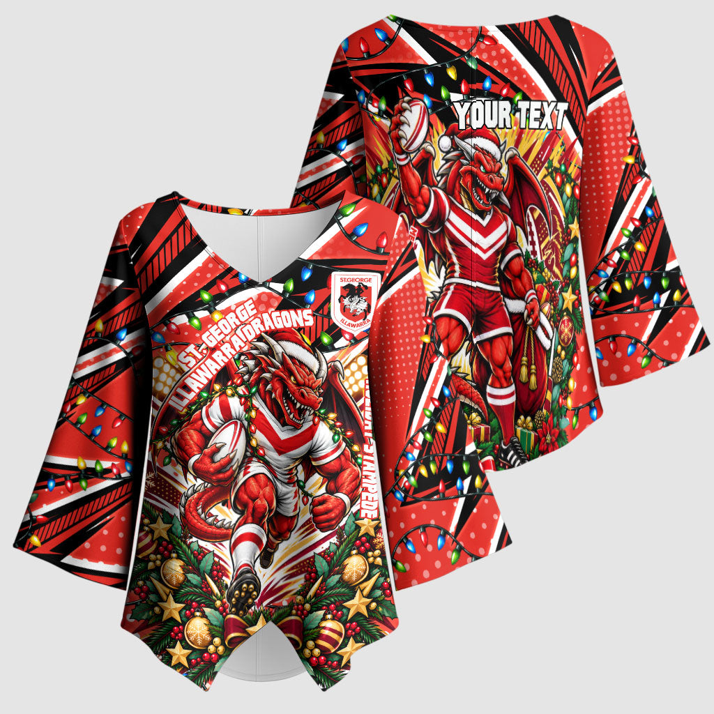 Personalized St. George Illawarra Dragons Rugby Christmas Kimono Sleeve Blouse Holiday Mascot Graphic Art Festive Lights Bow