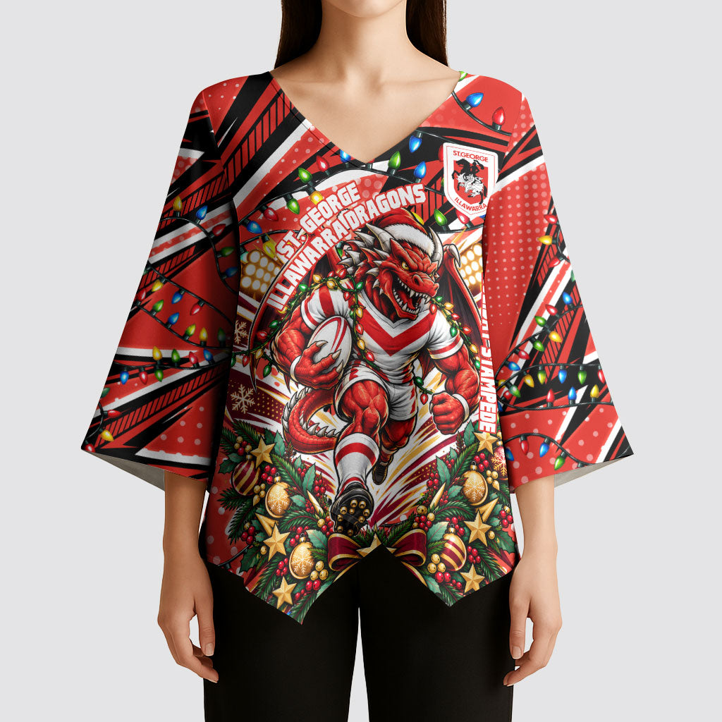 Personalized St. George Illawarra Dragons Rugby Christmas Kimono Sleeve Blouse Holiday Mascot Graphic Art Festive Lights Bow