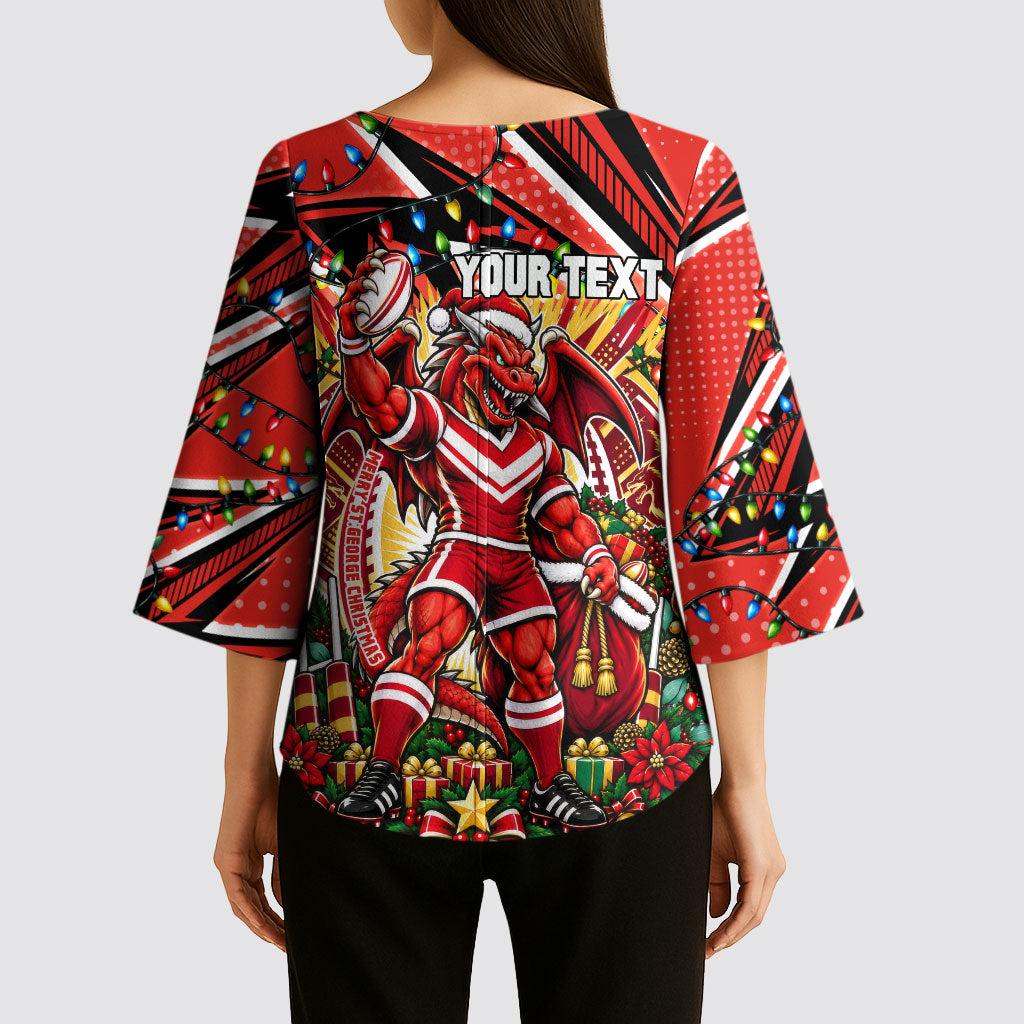 Personalized St. George Illawarra Dragons Rugby Christmas Kimono Sleeve Blouse Holiday Mascot Graphic Art Festive Lights Bow