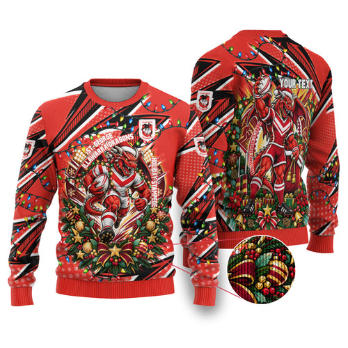 Personalized St. George Illawarra Dragons Rugby Christmas Ugly Christmas Sweater Holiday Mascot Graphic Art Festive Lights Bow