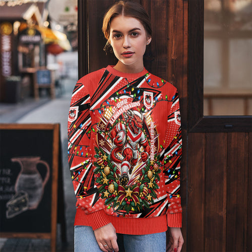 Personalized St. George Illawarra Dragons Rugby Christmas Ugly Christmas Sweater Holiday Mascot Graphic Art Festive Lights Bow