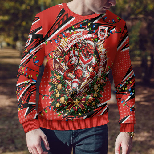 Personalized St. George Illawarra Dragons Rugby Christmas Ugly Christmas Sweater Holiday Mascot Graphic Art Festive Lights Bow