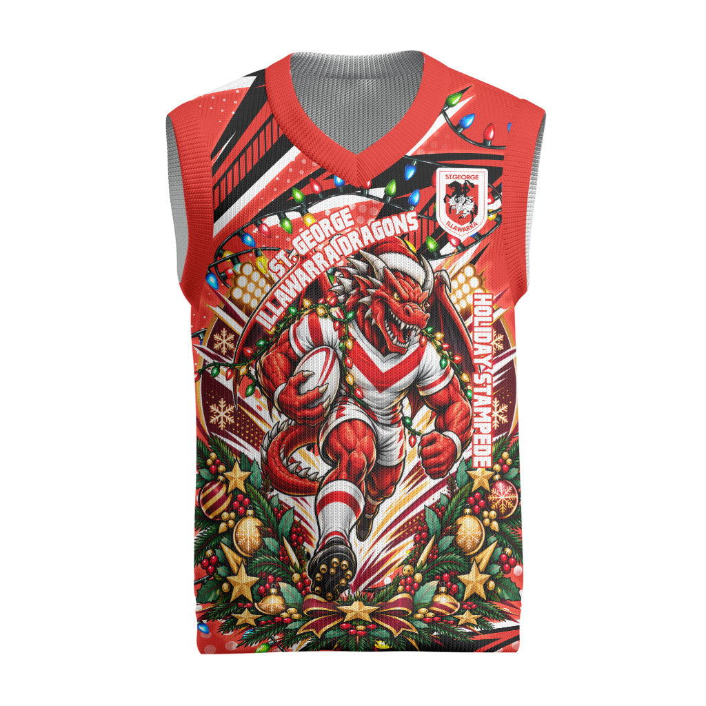 Personalized St. George Illawarra Dragons Rugby Christmas Knitted V-Neck Vest Holiday Mascot Graphic Art Festive Lights Bow