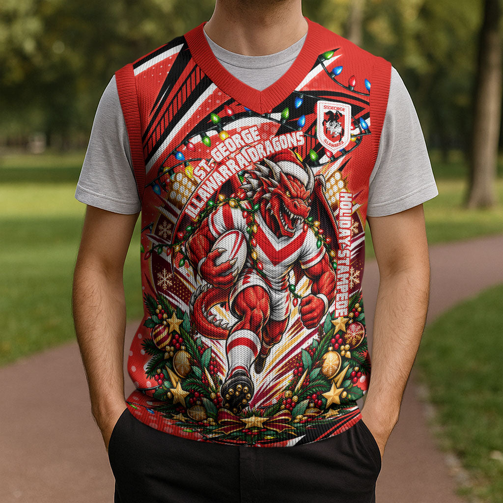 Personalized St. George Illawarra Dragons Rugby Christmas Knitted V-Neck Vest Holiday Mascot Graphic Art Festive Lights Bow