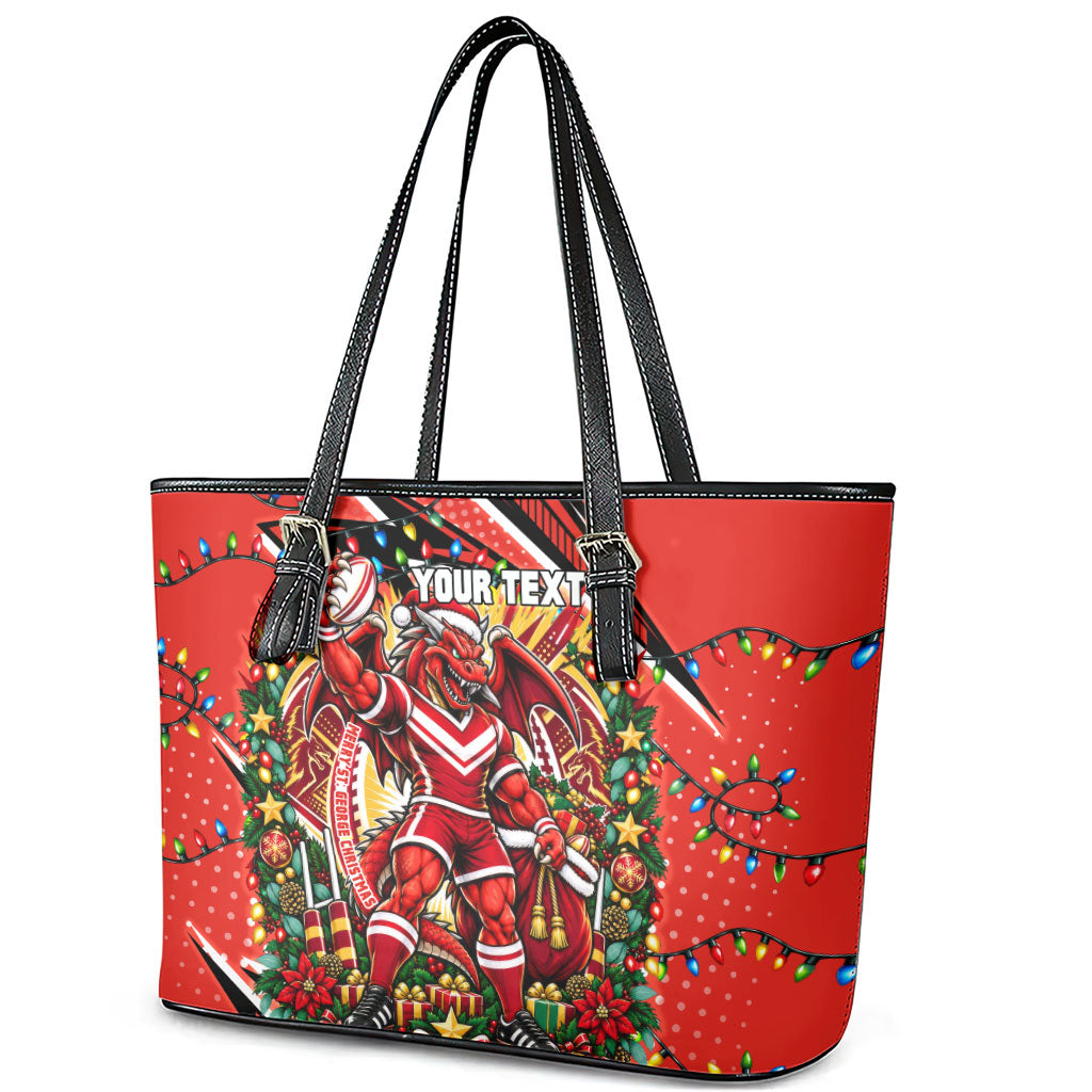 Personalized St. George Illawarra Dragons Rugby Christmas Leather Tote Bag Holiday Mascot Graphic Art Festive Lights Bow