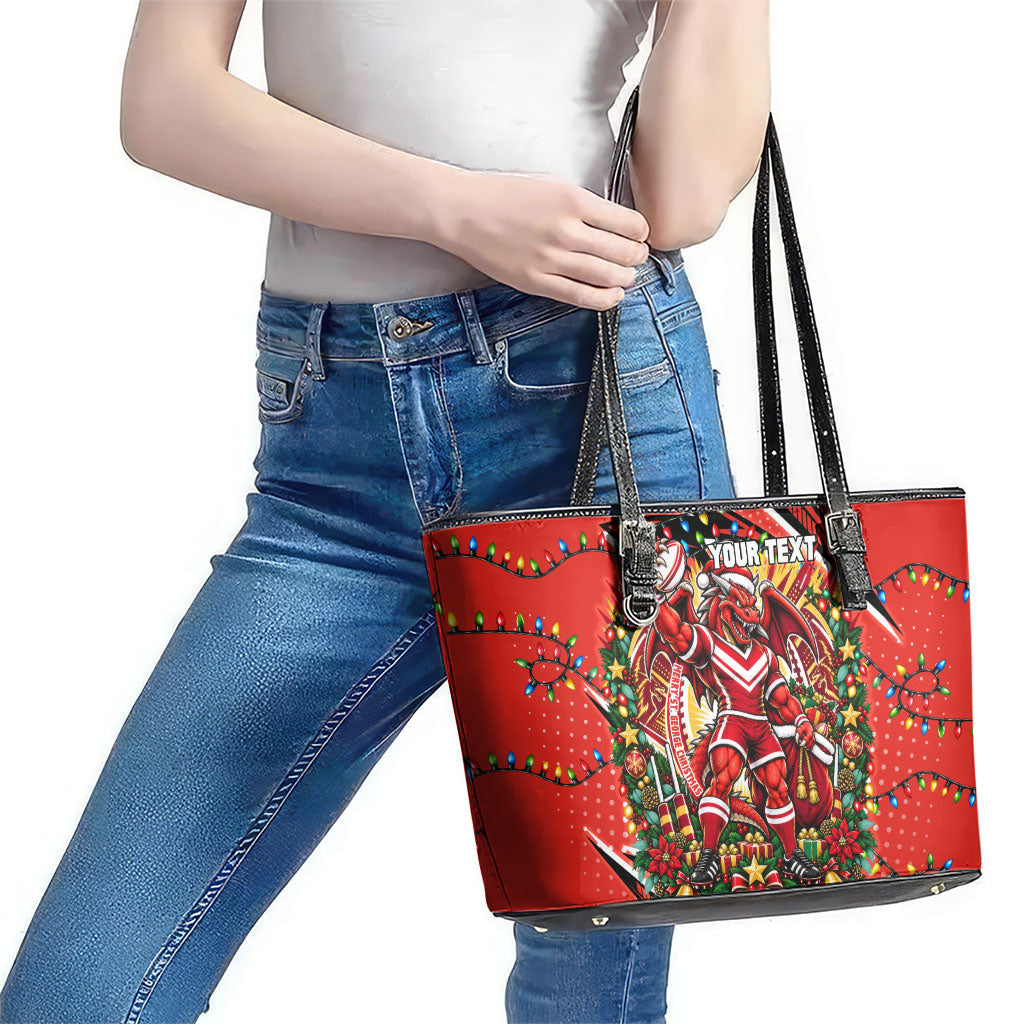 Personalized St. George Illawarra Dragons Rugby Christmas Leather Tote Bag Holiday Mascot Graphic Art Festive Lights Bow