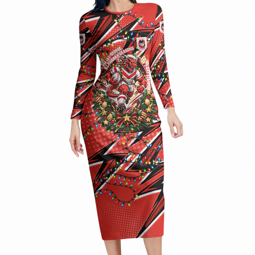 Personalized St. George Illawarra Dragons Rugby Christmas Long Sleeve Bodycon Dress Holiday Mascot Graphic Art Festive Lights Bow