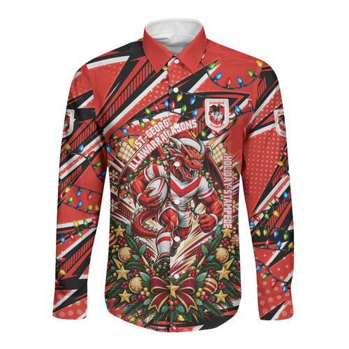 Personalized St. George Illawarra Dragons Rugby Christmas Long Sleeve Button Shirt Holiday Mascot Graphic Art Festive Lights Bow