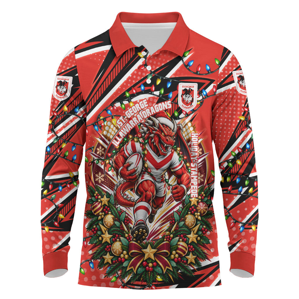 Personalized St. George Illawarra Dragons Rugby Christmas Long Sleeve Polo Shirt Holiday Mascot Graphic Art Festive Lights Bow