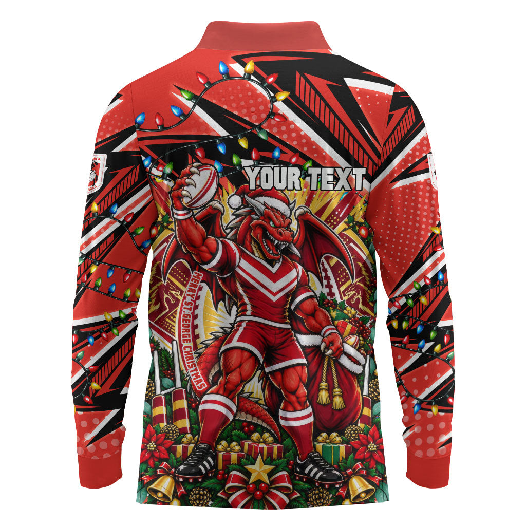 Personalized St. George Illawarra Dragons Rugby Christmas Long Sleeve Polo Shirt Holiday Mascot Graphic Art Festive Lights Bow