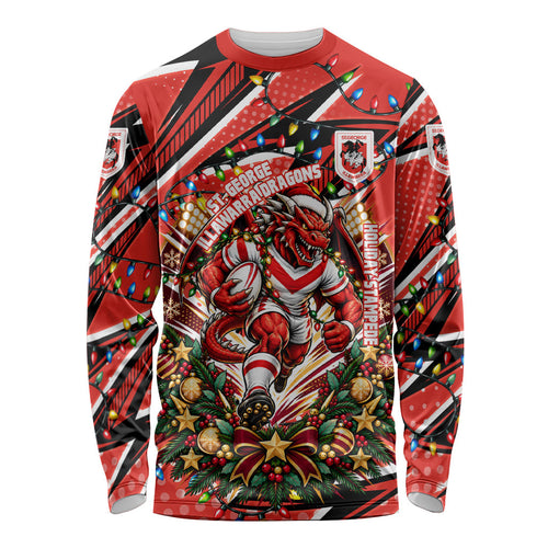 Personalized St. George Illawarra Dragons Rugby Christmas Long Sleeve Shirt Holiday Mascot Graphic Art Festive Lights Bow