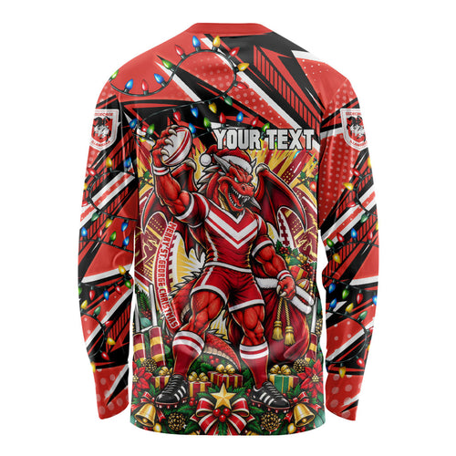 Personalized St. George Illawarra Dragons Rugby Christmas Long Sleeve Shirt Holiday Mascot Graphic Art Festive Lights Bow