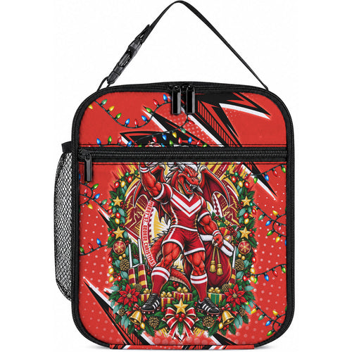 Personalized St. George Illawarra Dragons Rugby Christmas Lunch Bag Holiday Mascot Graphic Art Festive Lights Bow