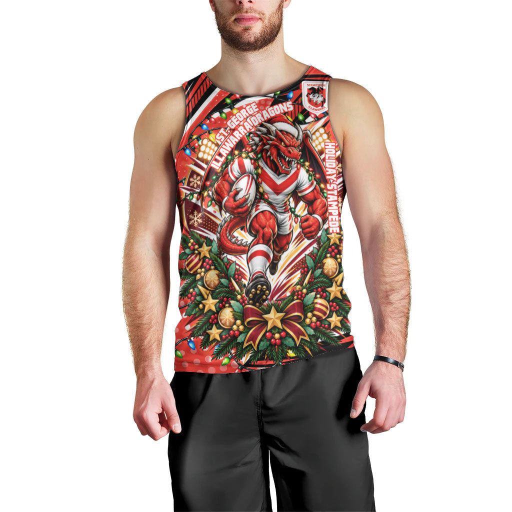 Personalized St. George Illawarra Dragons Rugby Christmas Men Tank Top Holiday Mascot Graphic Art Festive Lights Bow