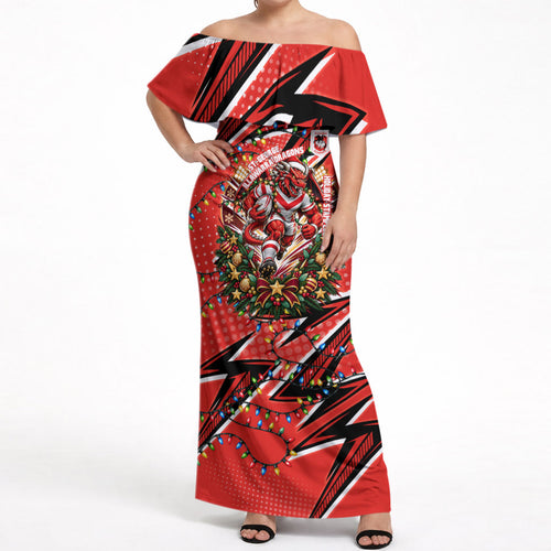 Personalized St. George Illawarra Dragons Rugby Christmas Off Shoulder Maxi Dress Holiday Mascot Graphic Art Festive Lights Bow