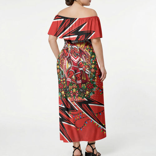 Personalized St. George Illawarra Dragons Rugby Christmas Off Shoulder Maxi Dress Holiday Mascot Graphic Art Festive Lights Bow