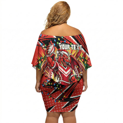 Personalized St. George Illawarra Dragons Rugby Christmas Off Shoulder Short Dress Holiday Mascot Graphic Art Festive Lights Bow