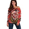 Personalized St. George Illawarra Dragons Rugby Christmas Off Shoulder Sweater Holiday Mascot Graphic Art Festive Lights Bow