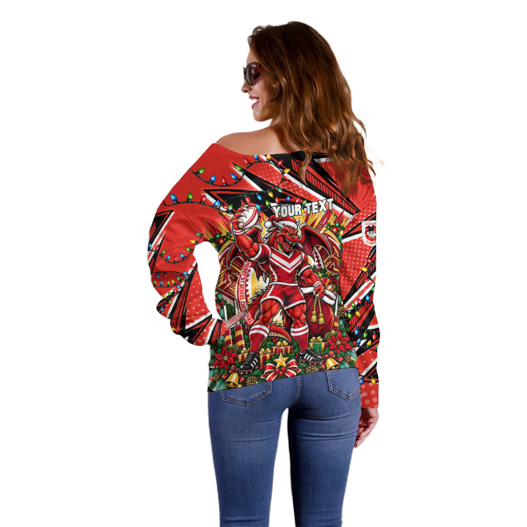 Personalized St. George Illawarra Dragons Rugby Christmas Off Shoulder Sweater Holiday Mascot Graphic Art Festive Lights Bow