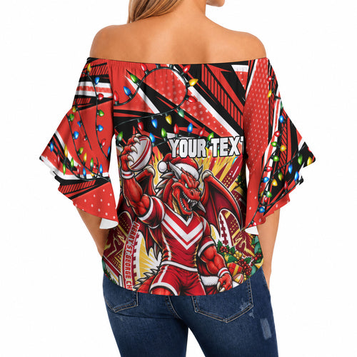 Personalized St. George Illawarra Dragons Rugby Christmas Off Shoulder Wrap Waist Top Holiday Mascot Graphic Art Festive Lights Bow