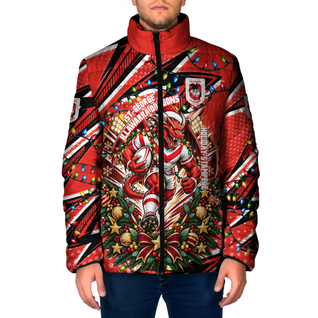 Personalized St. George Illawarra Dragons Rugby Christmas Padded Jacket Holiday Mascot Graphic Art Festive Lights Bow