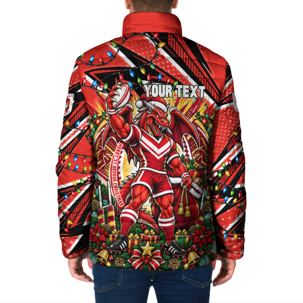 Personalized St. George Illawarra Dragons Rugby Christmas Padded Jacket Holiday Mascot Graphic Art Festive Lights Bow