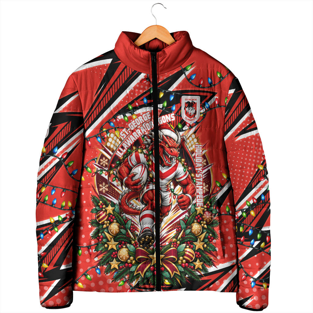 Personalized St. George Illawarra Dragons Rugby Christmas Padded Jacket Holiday Mascot Graphic Art Festive Lights Bow