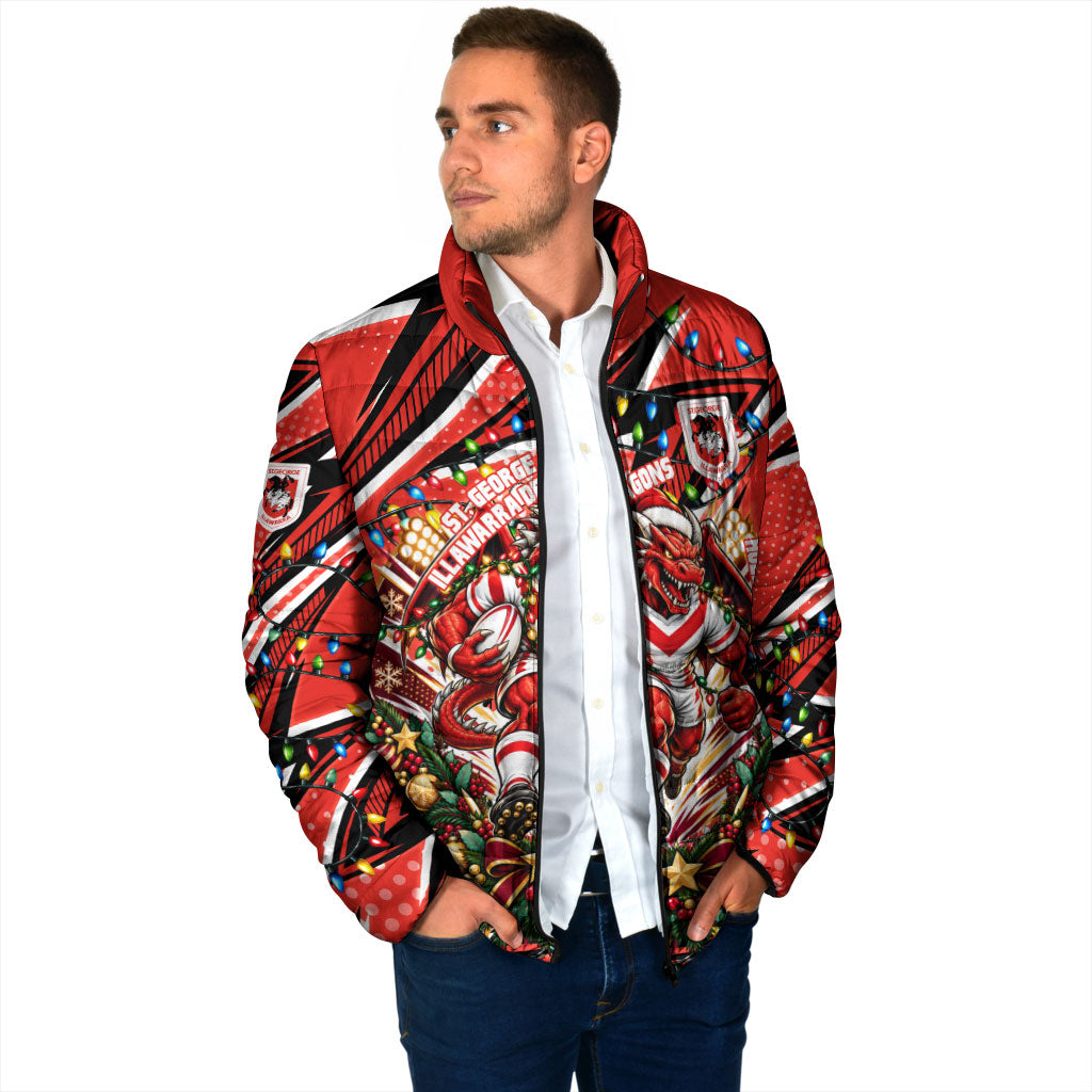 Personalized St. George Illawarra Dragons Rugby Christmas Padded Jacket Holiday Mascot Graphic Art Festive Lights Bow