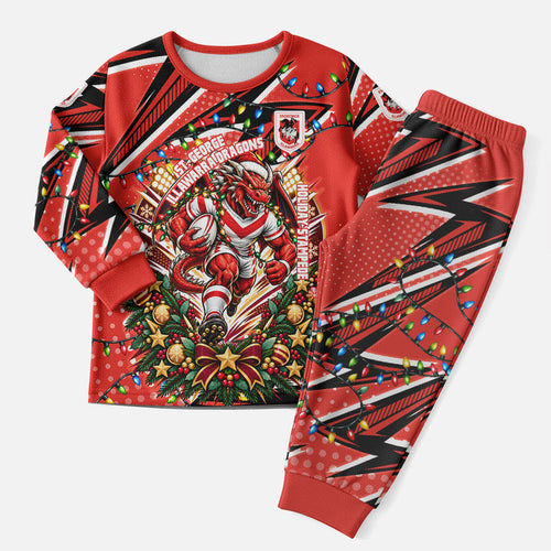 Personalized St. George Illawarra Dragons Rugby Christmas Pajama Set Holiday Mascot Graphic Art Festive Lights Bow