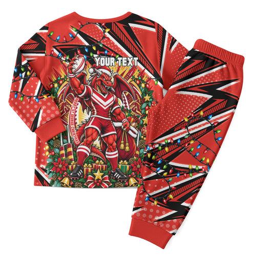Personalized St. George Illawarra Dragons Rugby Christmas Pajama Set Holiday Mascot Graphic Art Festive Lights Bow