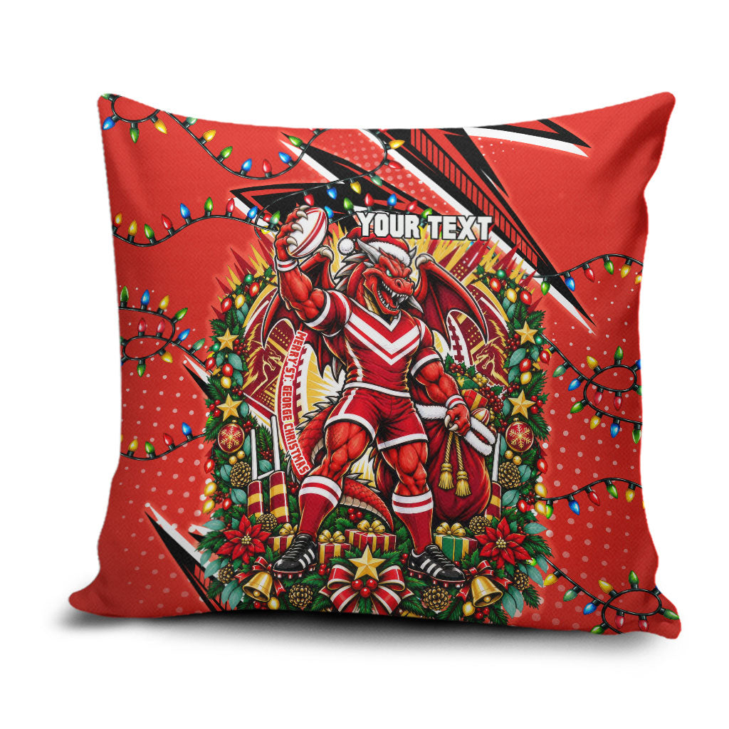 Personalized St. George Illawarra Dragons Rugby Christmas Pillow Cover Holiday Mascot Graphic Art Festive Lights Bow