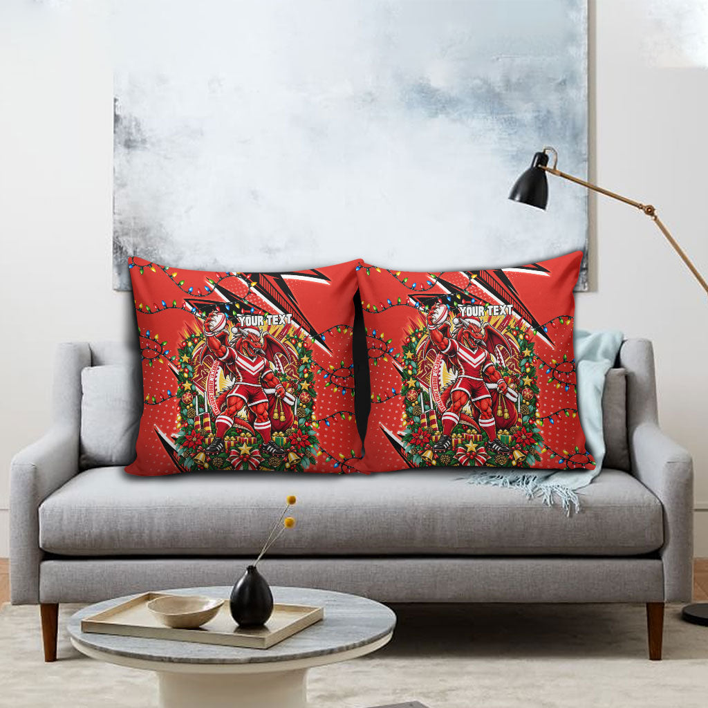 Personalized St. George Illawarra Dragons Rugby Christmas Pillow Cover Holiday Mascot Graphic Art Festive Lights Bow