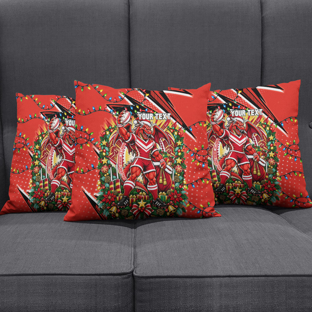 Personalized St. George Illawarra Dragons Rugby Christmas Pillow Cover Holiday Mascot Graphic Art Festive Lights Bow