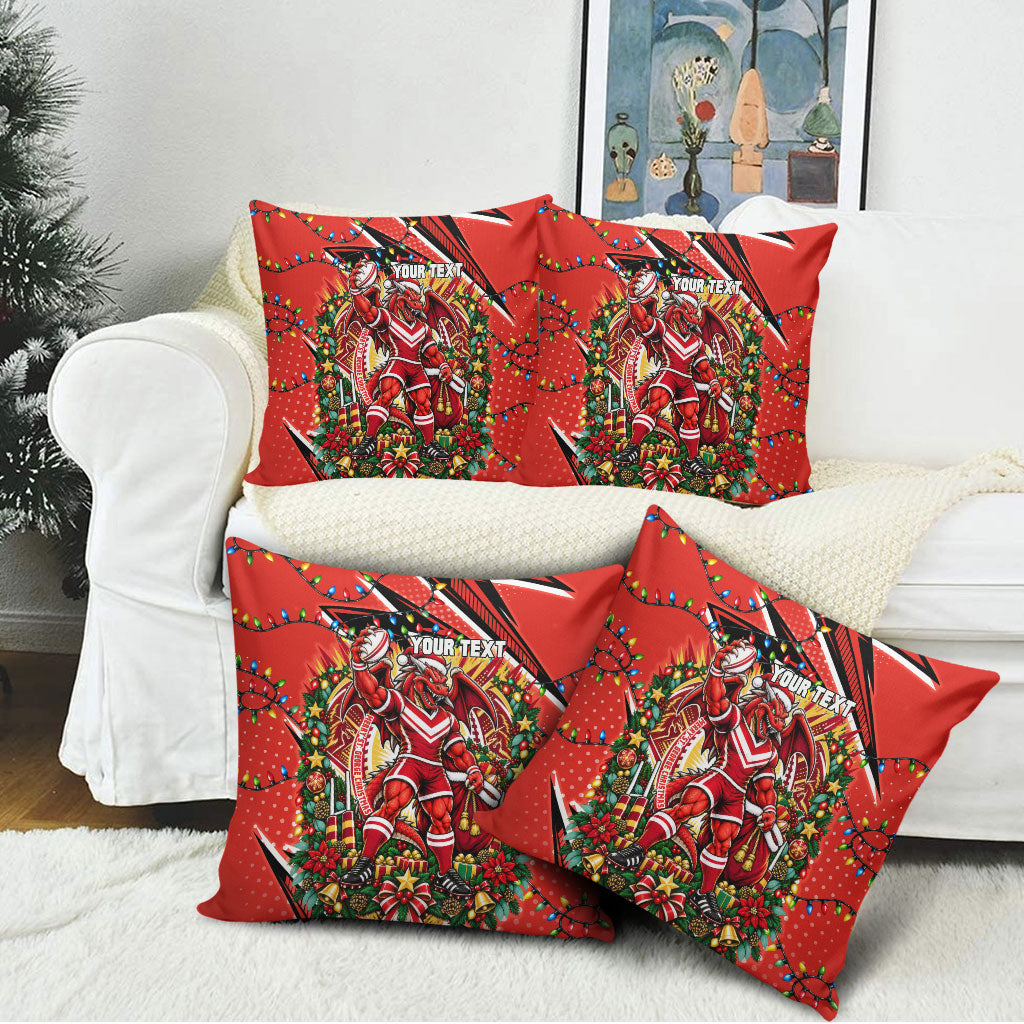 Personalized St. George Illawarra Dragons Rugby Christmas Pillow Cover Holiday Mascot Graphic Art Festive Lights Bow