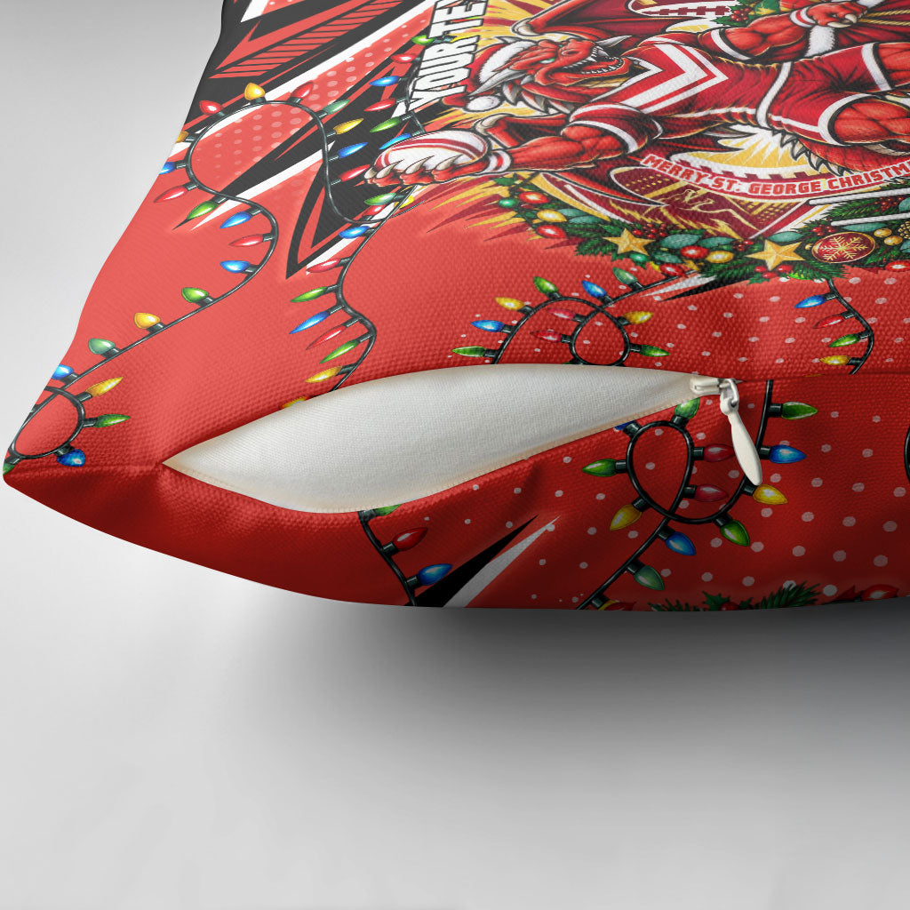 Personalized St. George Illawarra Dragons Rugby Christmas Pillow Cover Holiday Mascot Graphic Art Festive Lights Bow