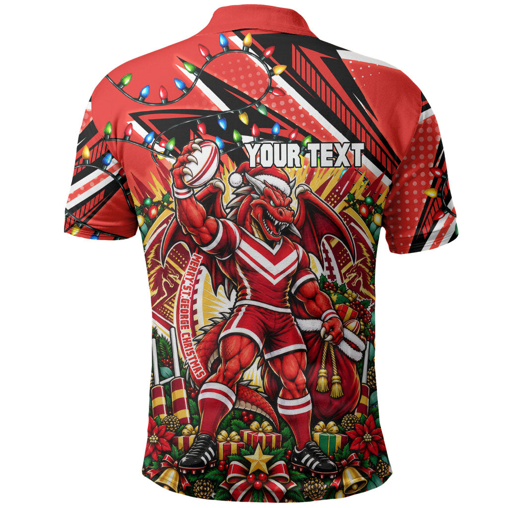Personalized St. George Illawarra Dragons Rugby Christmas Polo Shirt Holiday Mascot Graphic Art Festive Lights Bow
