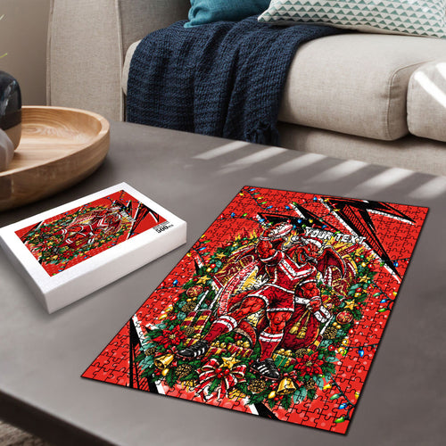Personalized St. George Illawarra Dragons Rugby Christmas Puzzle Holiday Mascot Graphic Art Festive Lights Bow