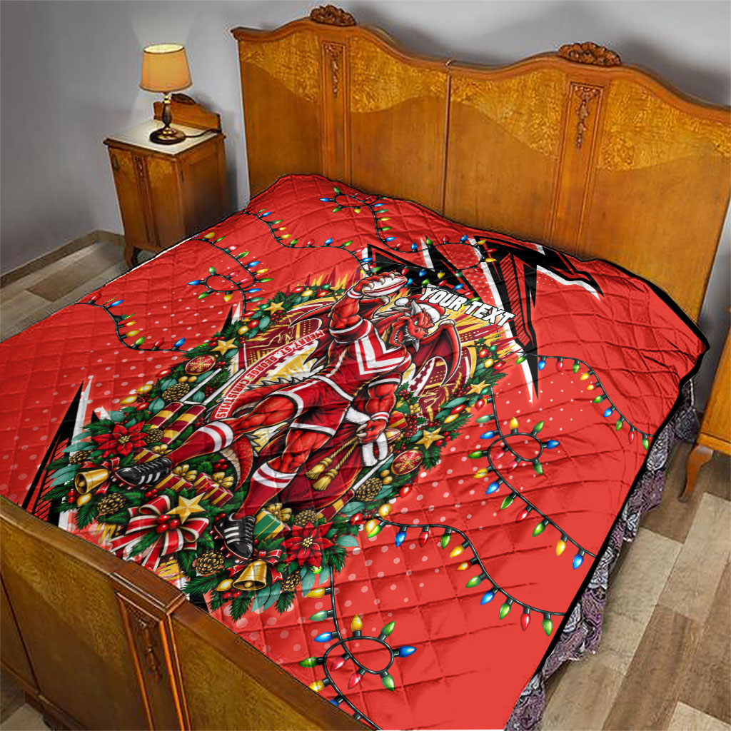 Personalized St. George Illawarra Dragons Rugby Christmas Quilt Holiday Mascot Graphic Art Festive Lights Bow