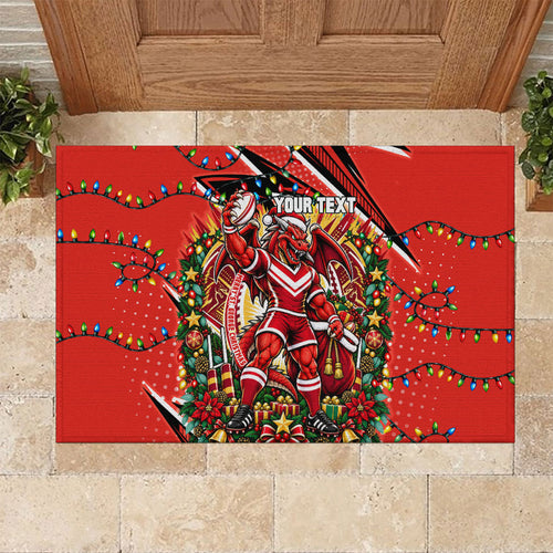Personalized St. George Illawarra Dragons Rugby Christmas Rubber Doormat Holiday Mascot Graphic Art Festive Lights Bow