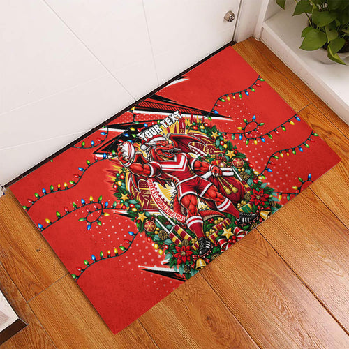 Personalized St. George Illawarra Dragons Rugby Christmas Rubber Doormat Holiday Mascot Graphic Art Festive Lights Bow