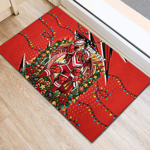 Personalized St. George Illawarra Dragons Rugby Christmas Rubber Doormat Holiday Mascot Graphic Art Festive Lights Bow