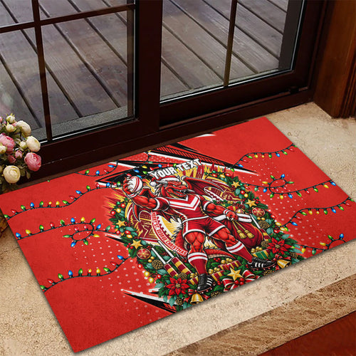 Personalized St. George Illawarra Dragons Rugby Christmas Rubber Doormat Holiday Mascot Graphic Art Festive Lights Bow