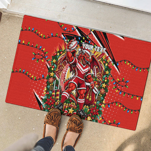 Personalized St. George Illawarra Dragons Rugby Christmas Rubber Doormat Holiday Mascot Graphic Art Festive Lights Bow