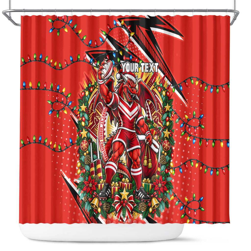 Personalized St. George Illawarra Dragons Rugby Christmas Shower Curtain Holiday Mascot Graphic Art Festive Lights Bow