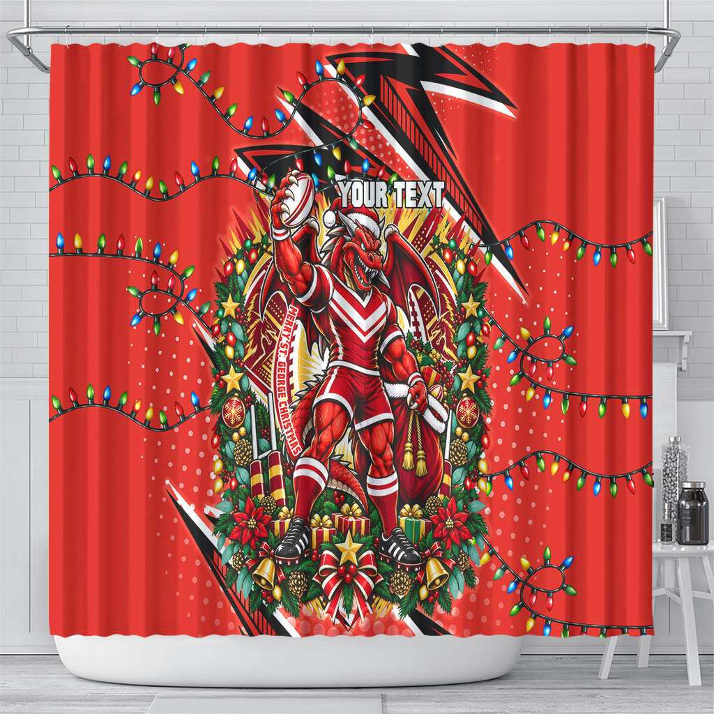 Personalized St. George Illawarra Dragons Rugby Christmas Shower Curtain Holiday Mascot Graphic Art Festive Lights Bow