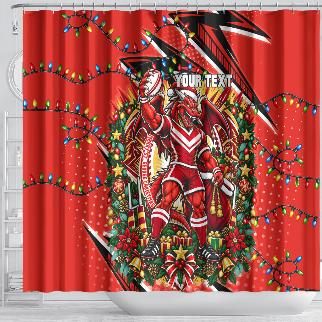 Personalized St. George Illawarra Dragons Rugby Christmas Shower Curtain Holiday Mascot Graphic Art Festive Lights Bow