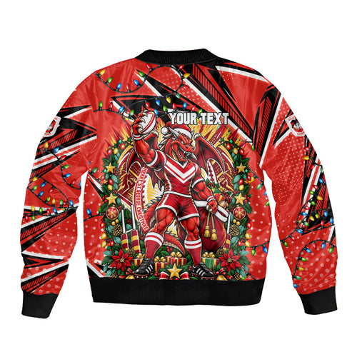 Personalized St. George Illawarra Dragons Rugby Christmas Sleeve Zip Bomber Jacket Holiday Mascot Graphic Art Festive Lights Bow