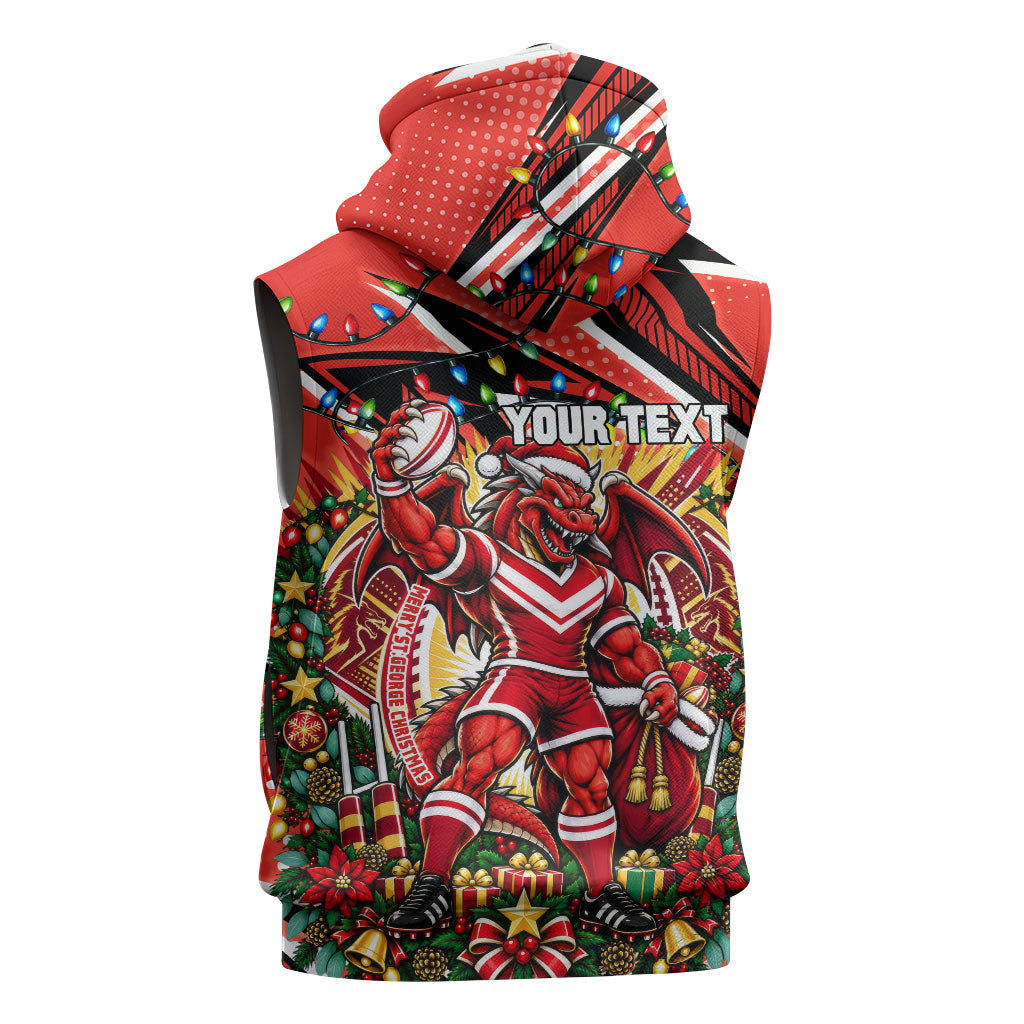 Personalized St. George Illawarra Dragons Rugby Christmas Sleeveless Zip Hoodie Holiday Mascot Graphic Art Festive Lights Bow