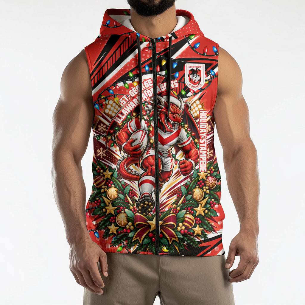 Personalized St. George Illawarra Dragons Rugby Christmas Sleeveless Zip Hoodie Holiday Mascot Graphic Art Festive Lights Bow