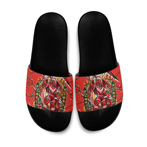 Personalized St. George Illawarra Dragons Rugby Christmas Slide Sandals Holiday Mascot Graphic Art Festive Lights Bow